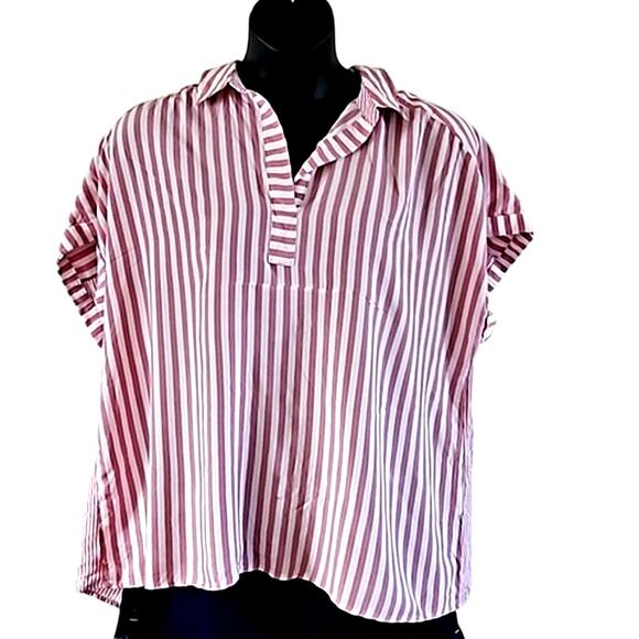 Jane + Delancey Women's Oversized Striped Button Back Shirt Pink & White Size 1X - Picture 2 of 7